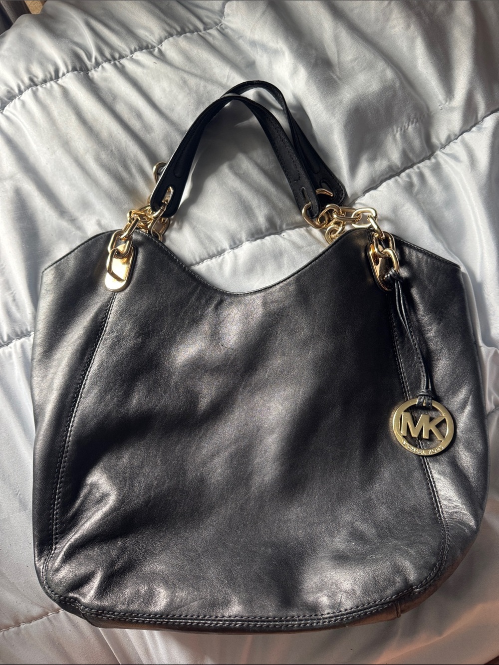 Michael Kors Black Leather Shoulder Bag with Gold Hardware